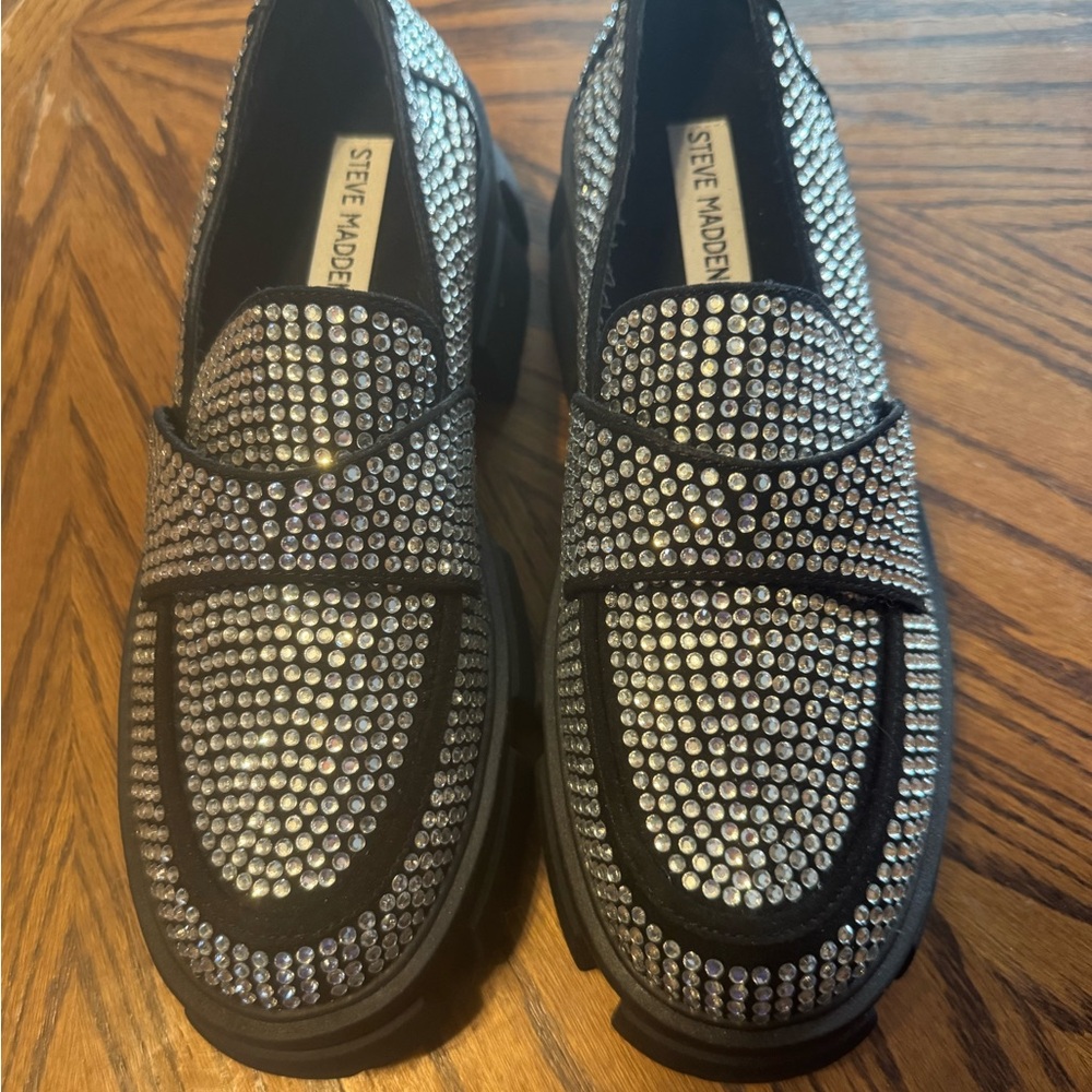 Steve Madden Black and Silver Rhinestone Loafers